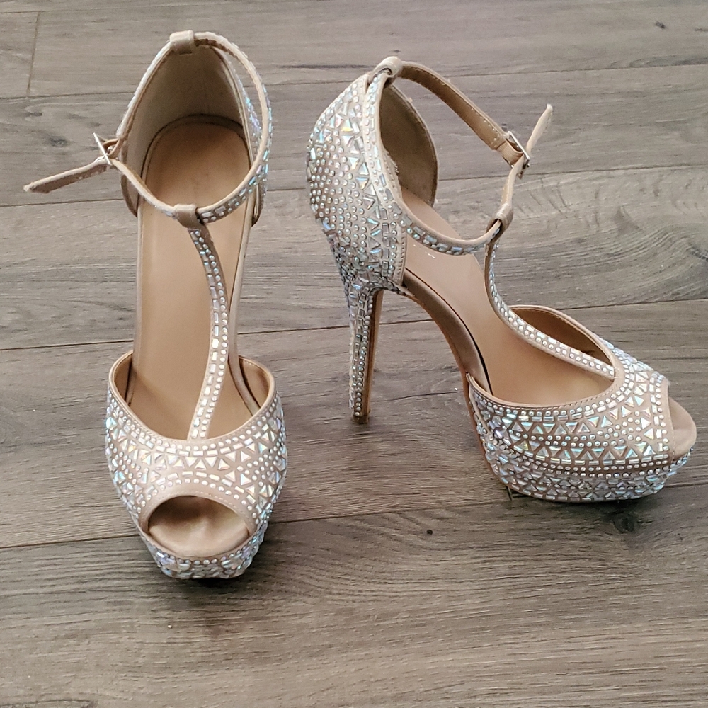 Thalia Sodi Tan and Silver Crystal Embellished Heels